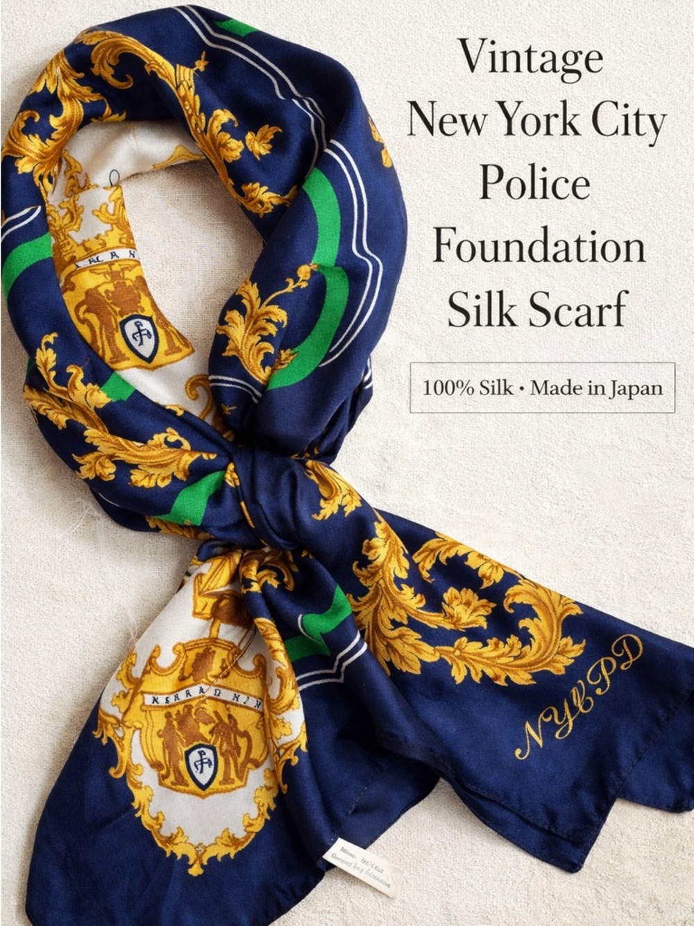 Vintage NYC Police Foundation Silk Scarf Baroque Equestrian Made Japan